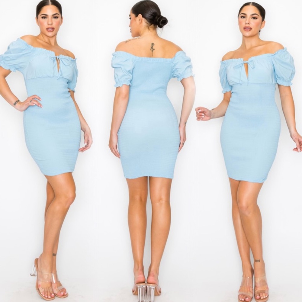Baby blue off the shoulder ruched dress